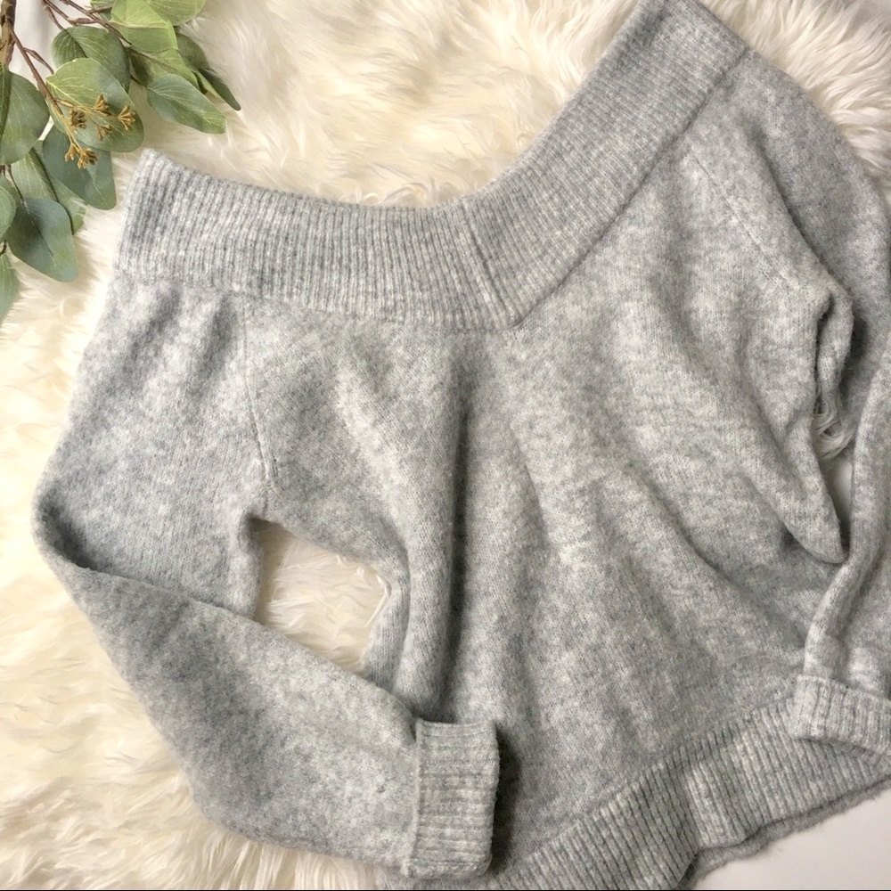 H&M Heather Gray Off-Shoulder V-Neck Sweater